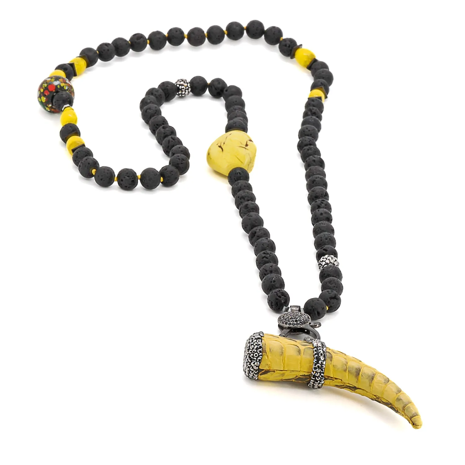 Yellow Cornicello Pendant Black Lava Stone Unique Beaded Necklace
