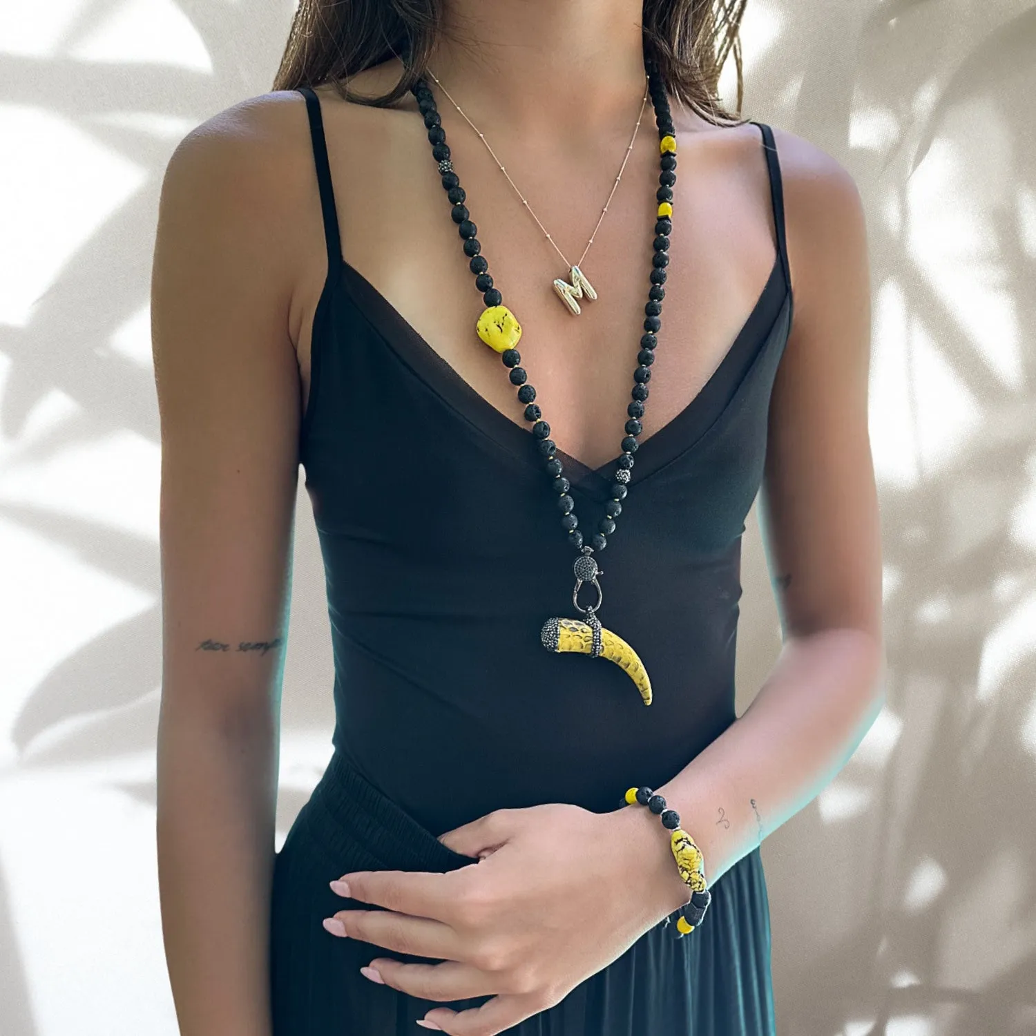 Yellow Cornicello Pendant Black Lava Stone Unique Beaded Necklace